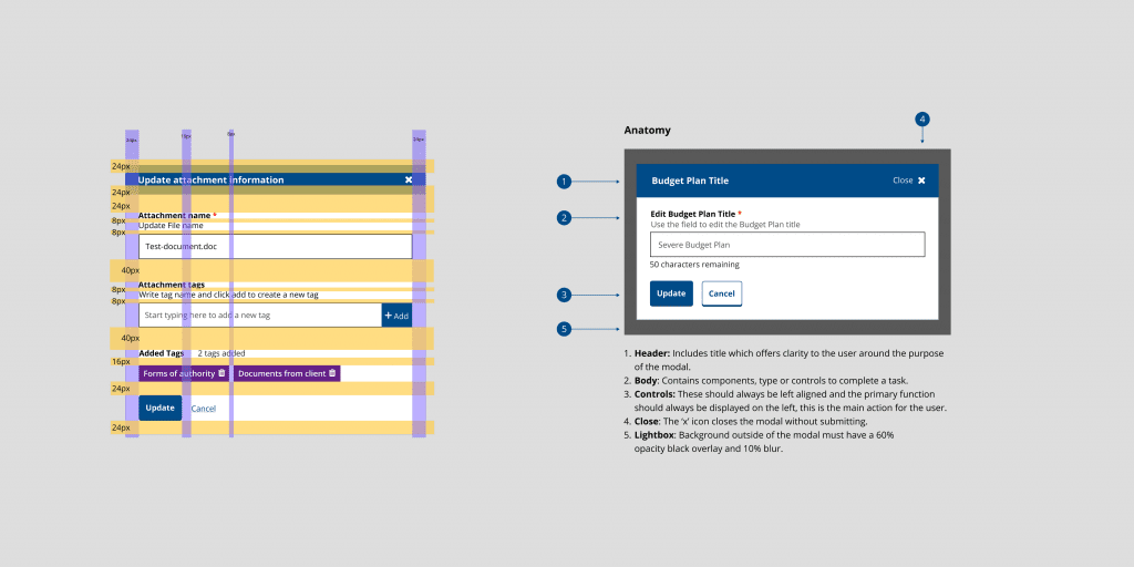 Close up of attachments modal with pixel spacing and component anatomy
