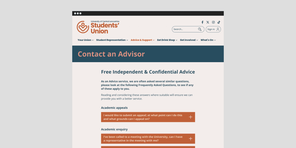 Website prototype of Students' Union improved FAQ page