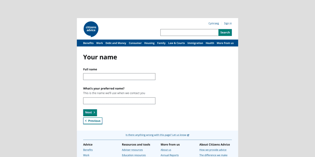 Citizens Advices website with a full name field and a preferred name field