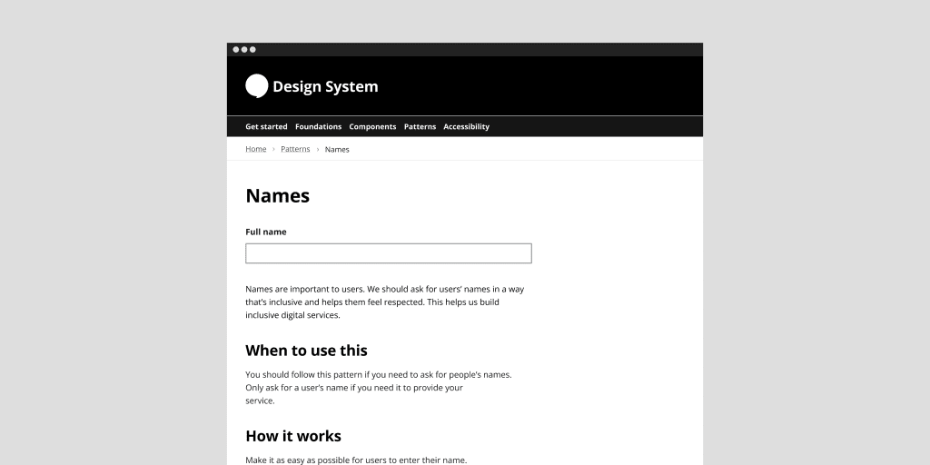 Citizens Advices design system name fields page showing when to use this pattern and how it works