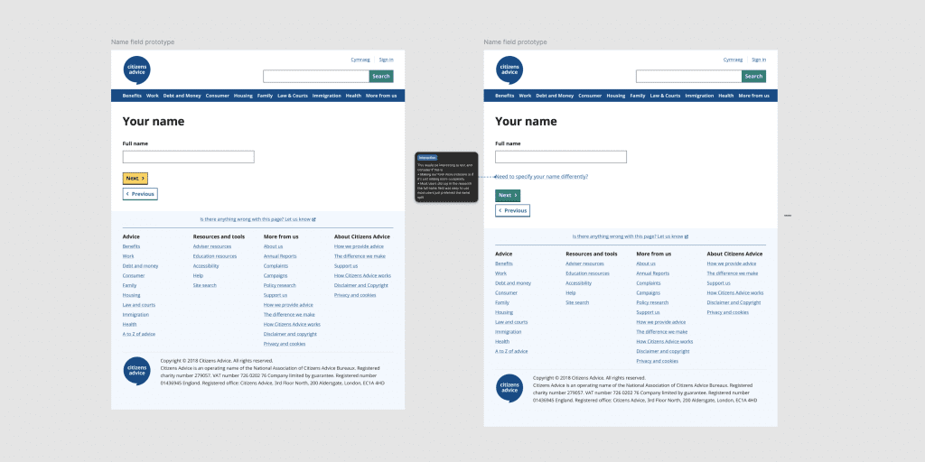 Two prototypes in Figma showing different ways to ask users for their full name