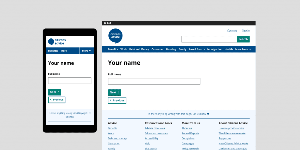 Citizens Advices website with a full name field showing on a mobile and desktop device